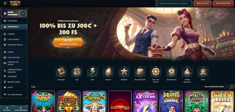 Screenshot der Monsterwin-Casino-Startseite mit auffälligem Header, Werbebanner und Rasterlayout mit beliebten Spielen.