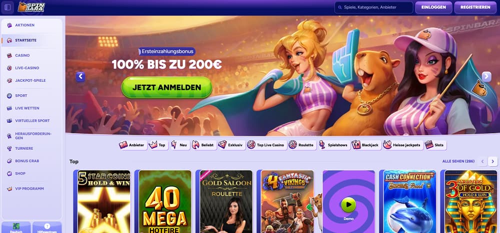 Eine lebendige SpinBara Casino-Startseite mit dunklem Design und grünen Akzenten, die SpinBara Willkommensbonus von 100 % bis zu 200 € präsentiert, mit einer Seitenleiste voller Spielkategorien und einem Karussell beliebter Slot- und Live-Casino-Spiele.